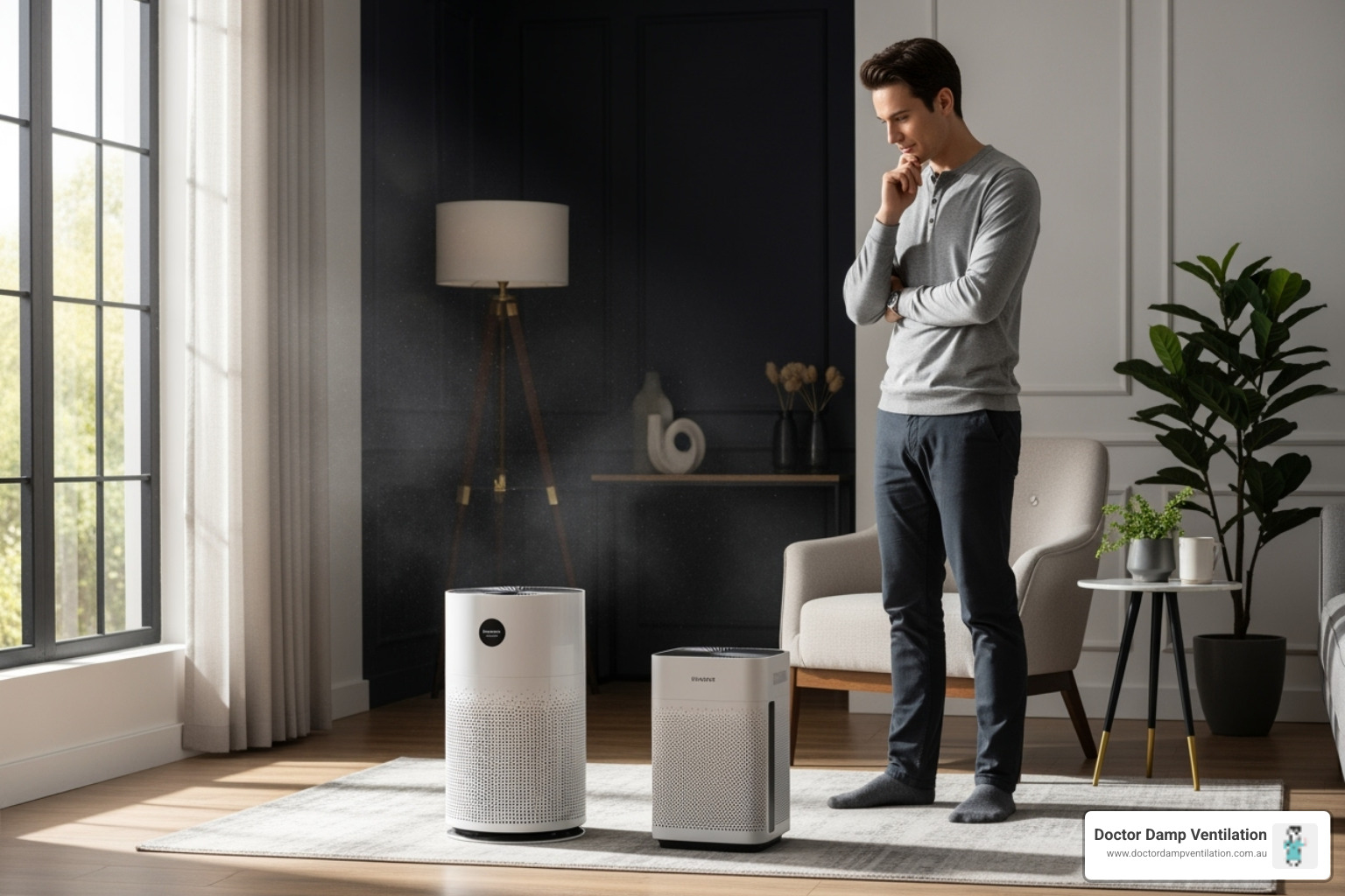 person comparing two different-sized air purifiers - home air purification