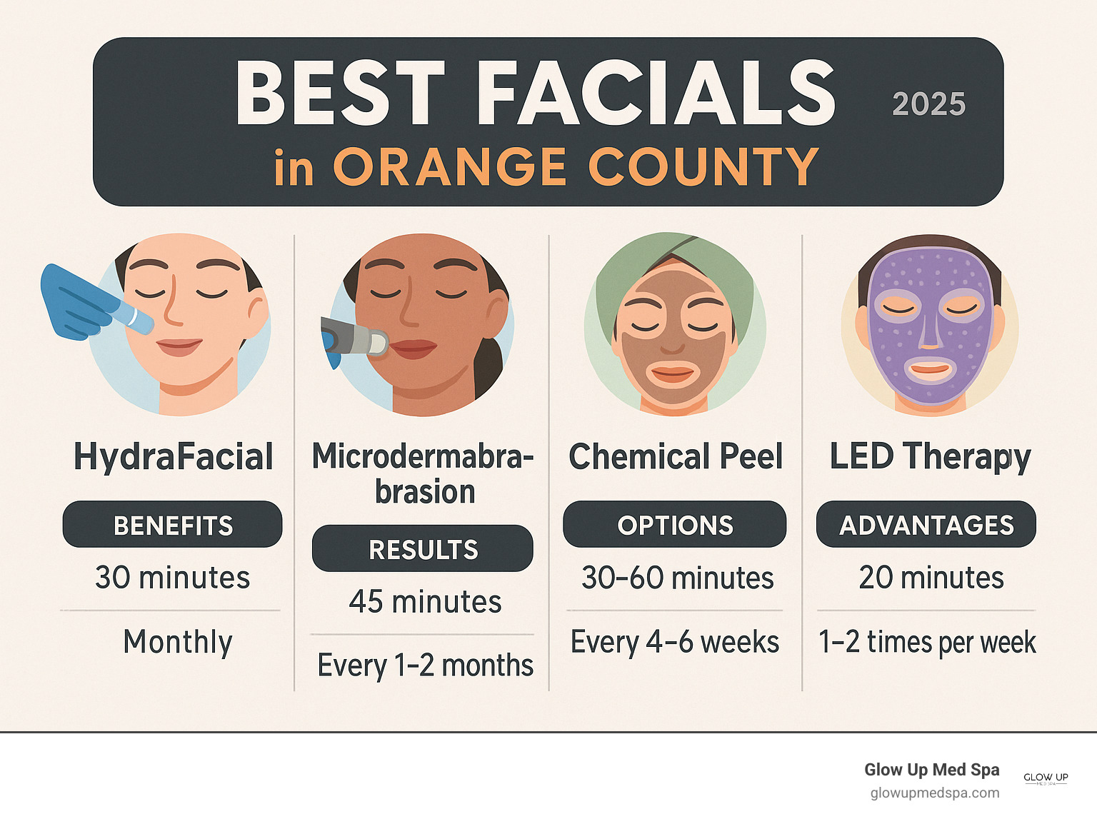 Comprehensive guide showing the top facial treatments available in Orange County, including HydraFacial benefits, microdermabrasion results, chemical peel options, and LED therapy advantages, with treatment duration and recommended frequency for each service - best facial Orange County infographic 