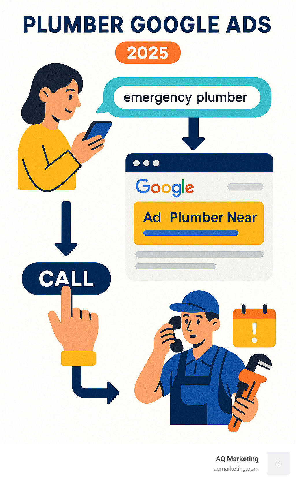 infographic showing the customer journey from Google search query for emergency plumber to clicking on a Google Ad to calling the plumber and booking a service appointment - Plumber Google Ads infographic 