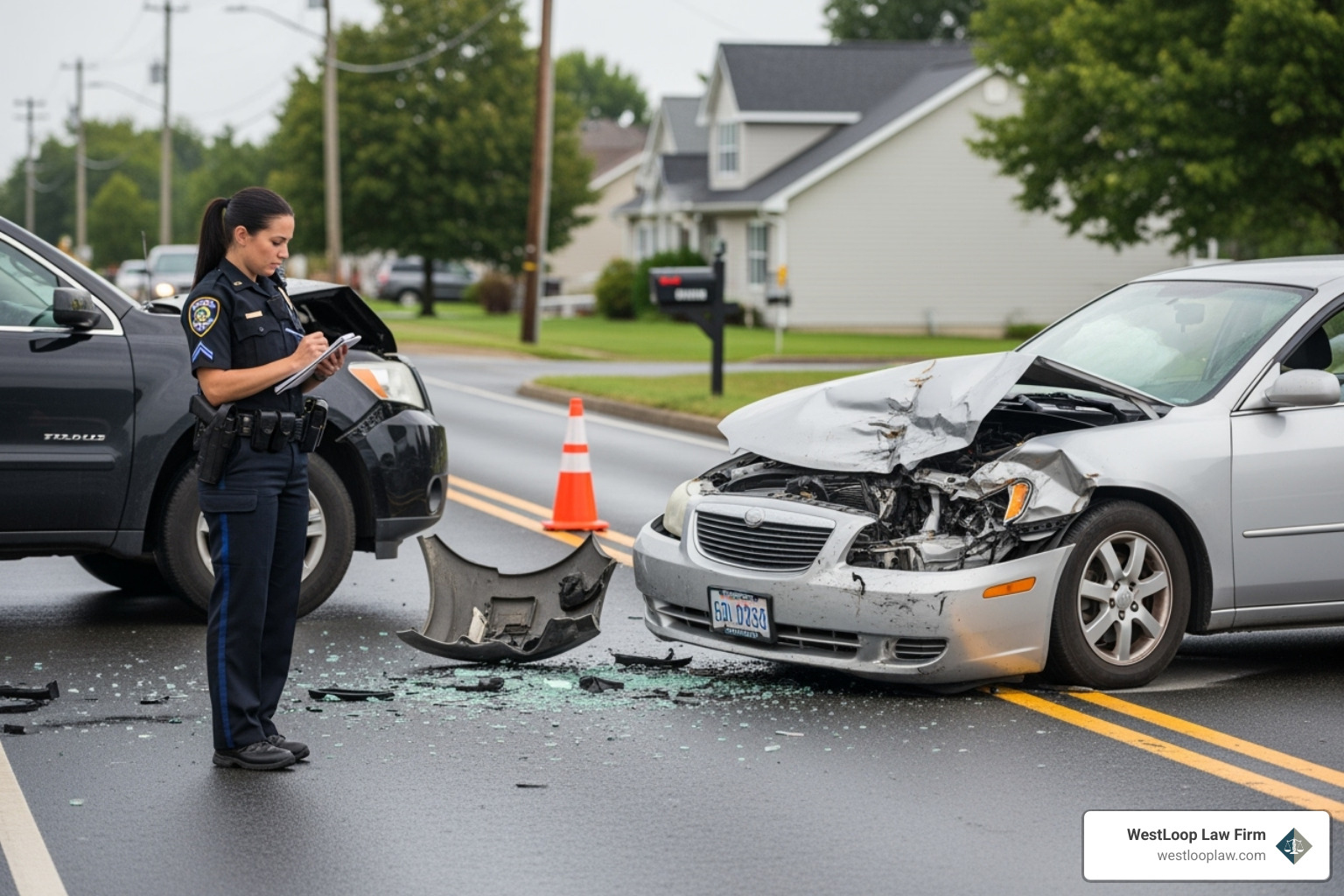a car accident scene showing a police officer taking notes - auto accident attorney houston tx