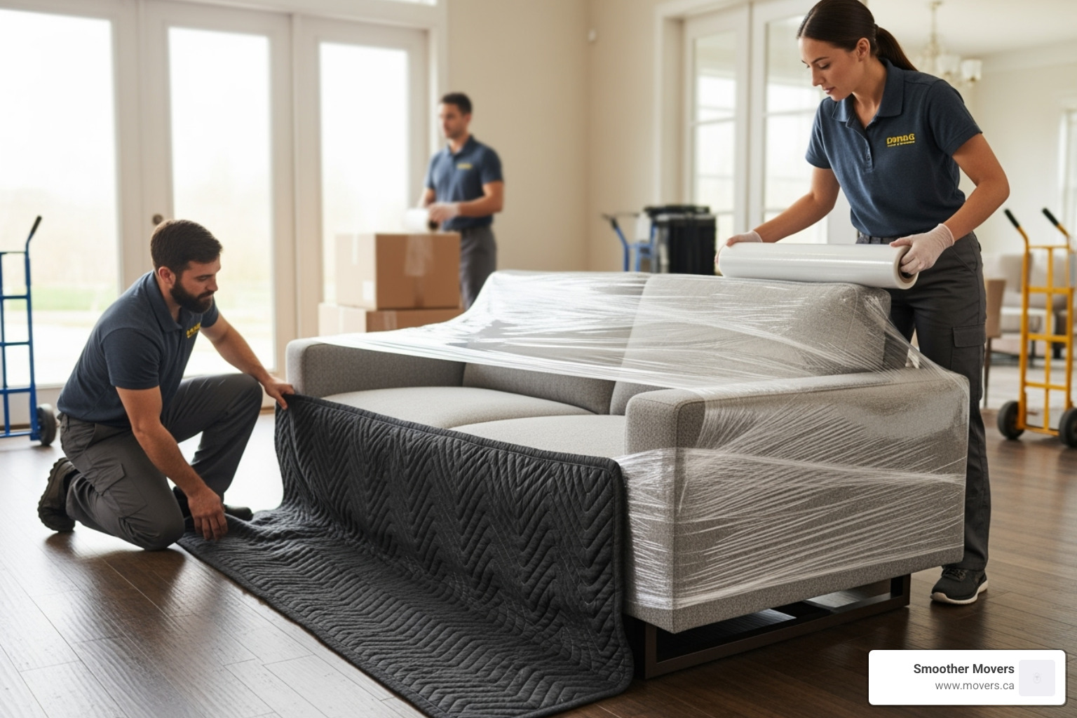 professional movers from Smoother Movers using shrink wrap and moving blankets on a modern sofa - furniture movers north vancouver