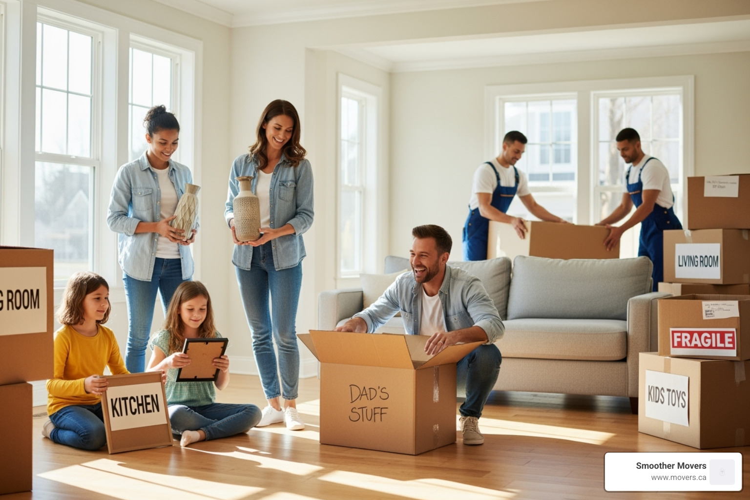 A family happily unpacking boxes in their new, brightly lit North Vancouver home, with professional movers placing the last piece of furniture - furniture movers north vancouver
