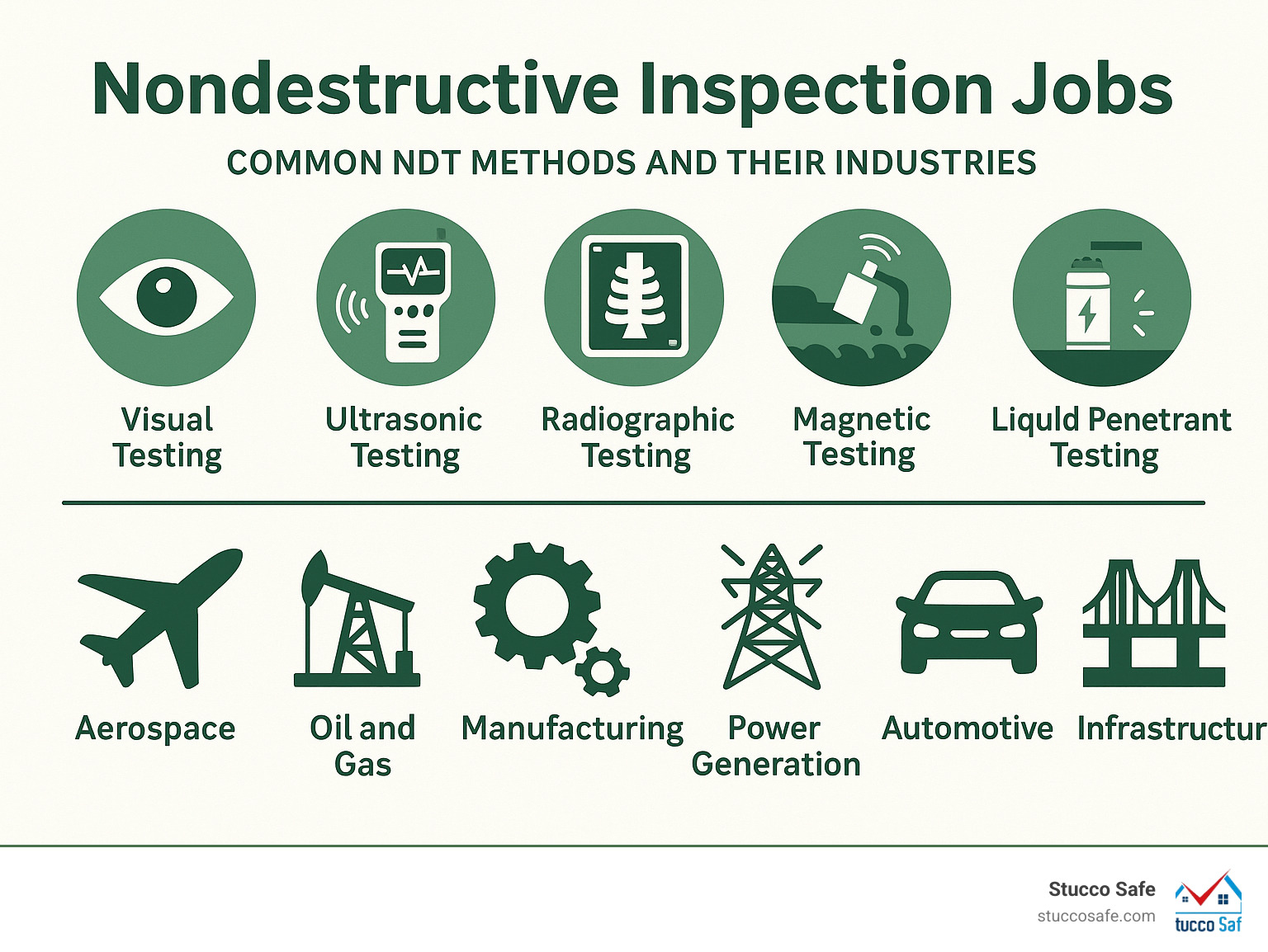 Infographic showing the 6 most common NDT methods (Visual Testing, Ultrasonic Testing, Radiographic Testing, Magnetic Particle Testing, Liquid Penetrant Testing, Electromagnetic Testing) and the industries they serve including aerospace, oil and gas, manufacturing, power generation, automotive, and infrastructure - nondestructive inspection jobs infographic 