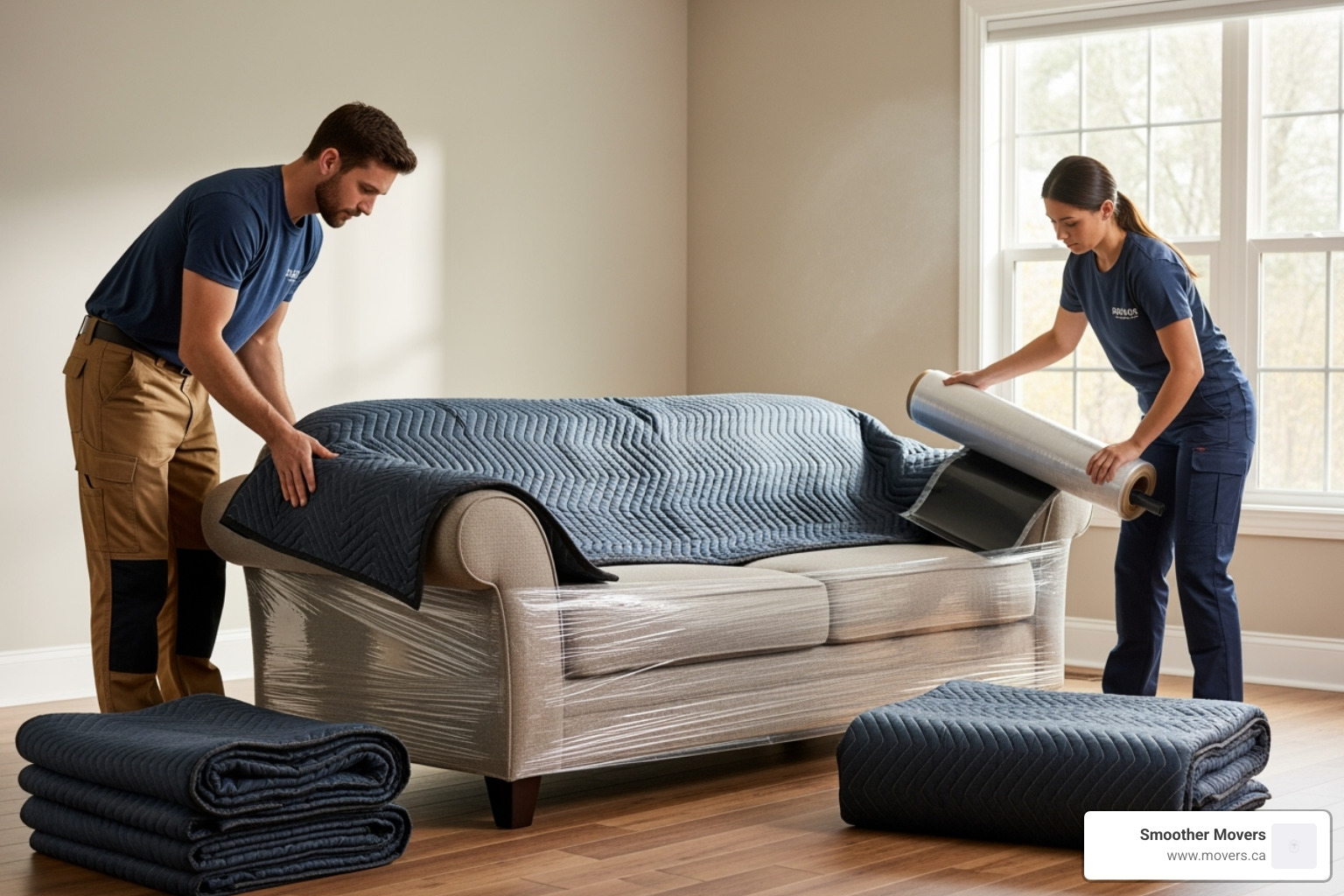 movers carefully wrapping a large piece of furniture - movers nanaimo