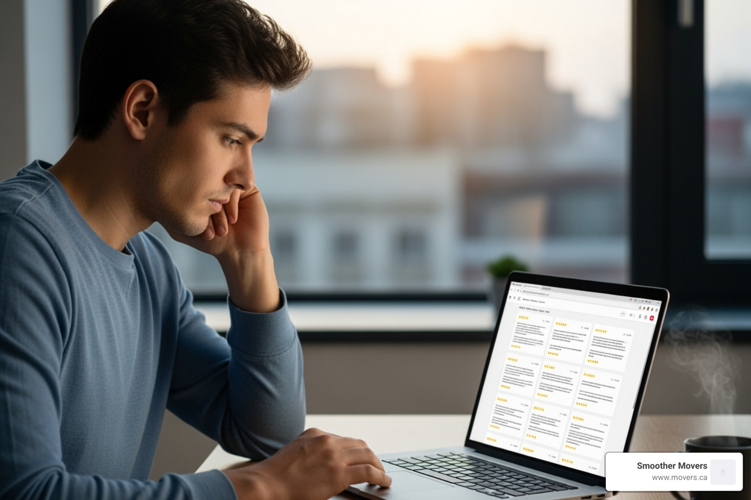 person reading online reviews on a laptop - movers nanaimo