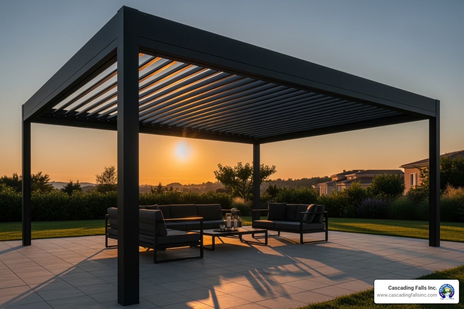 a sleek, black aluminum louvered pergola - high quality pergolas