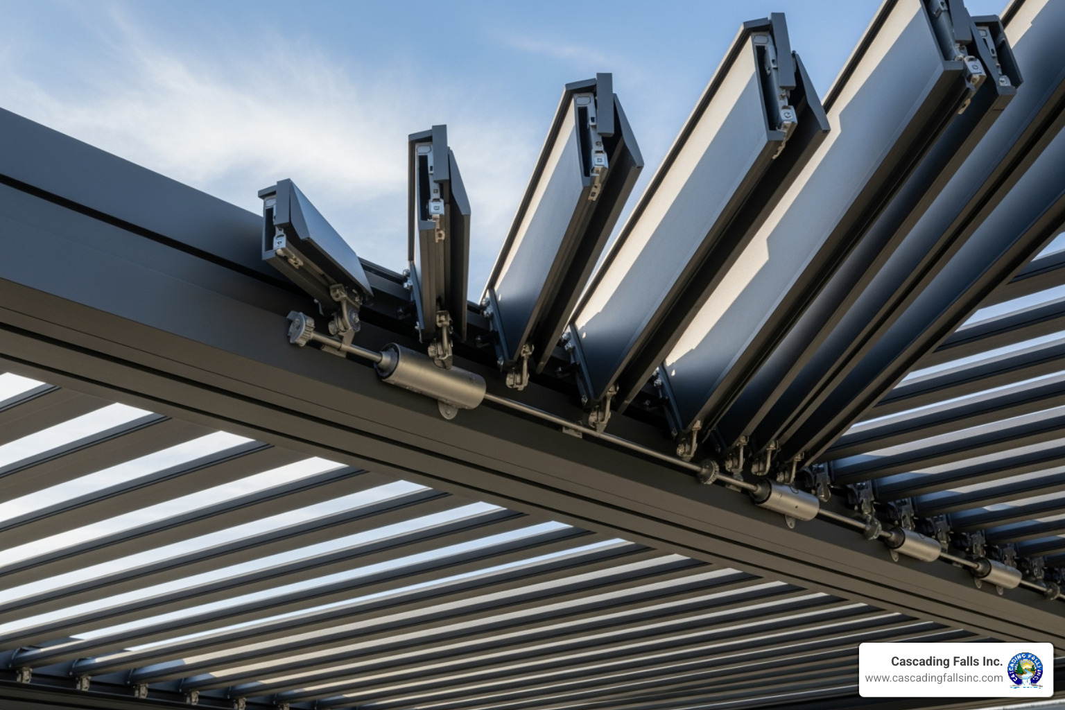 a motorized louvered roof adjusting to sunlight - high quality pergolas