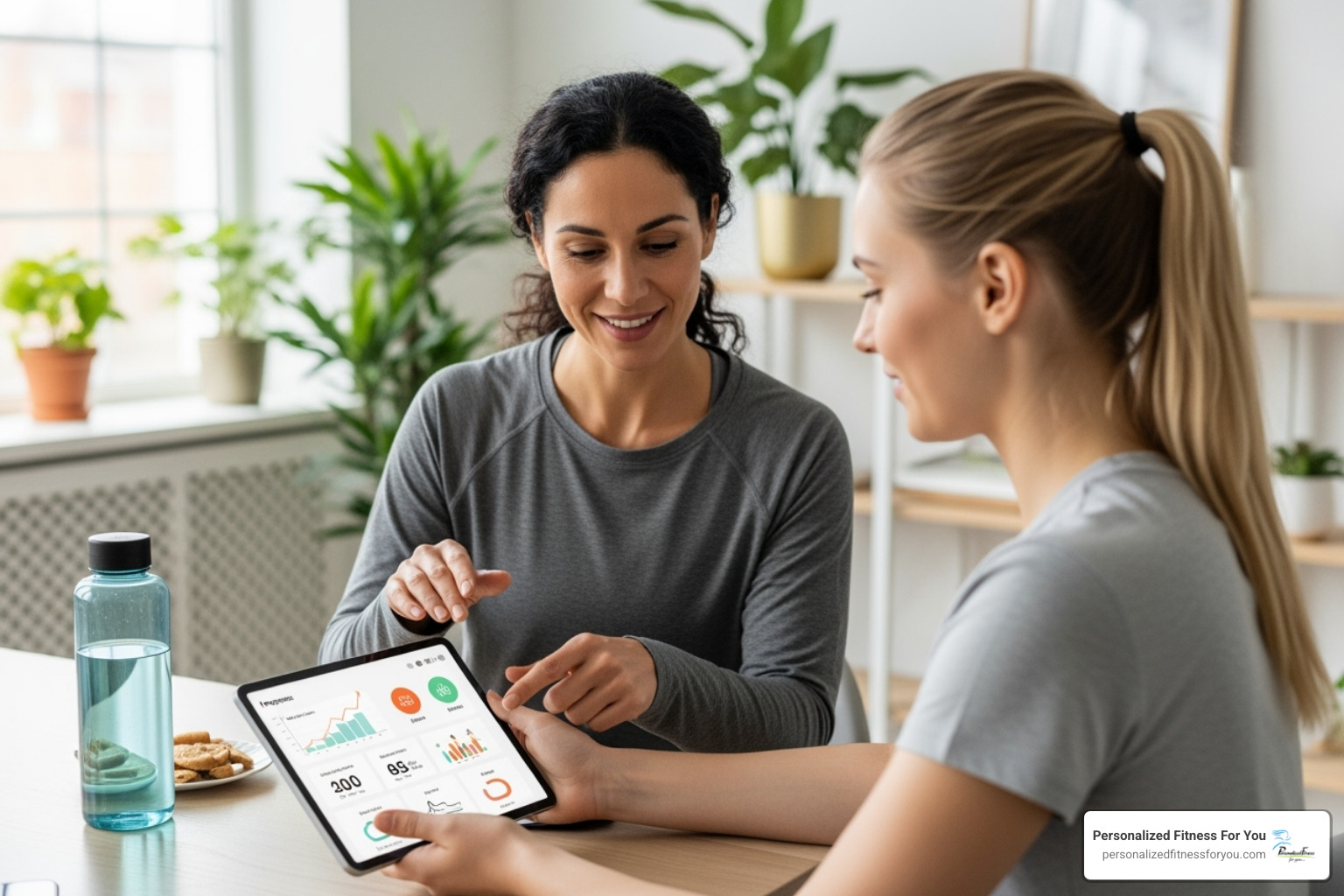 two people, one a coach, looking at a tablet with progress charts - fitness accountability coach two people, one a coach, looking at a tablet with progress charts - fitness accountability coach