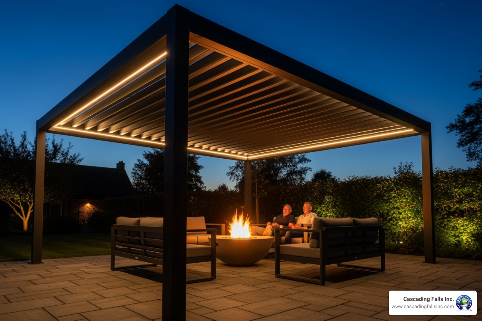 modern, black aluminum pergola at night with integrated lighting and fire pit - large patio pergola
