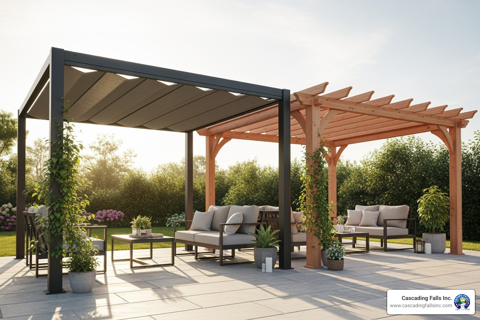different pergola materials like dark aluminum and light-colored wood - large patio pergola