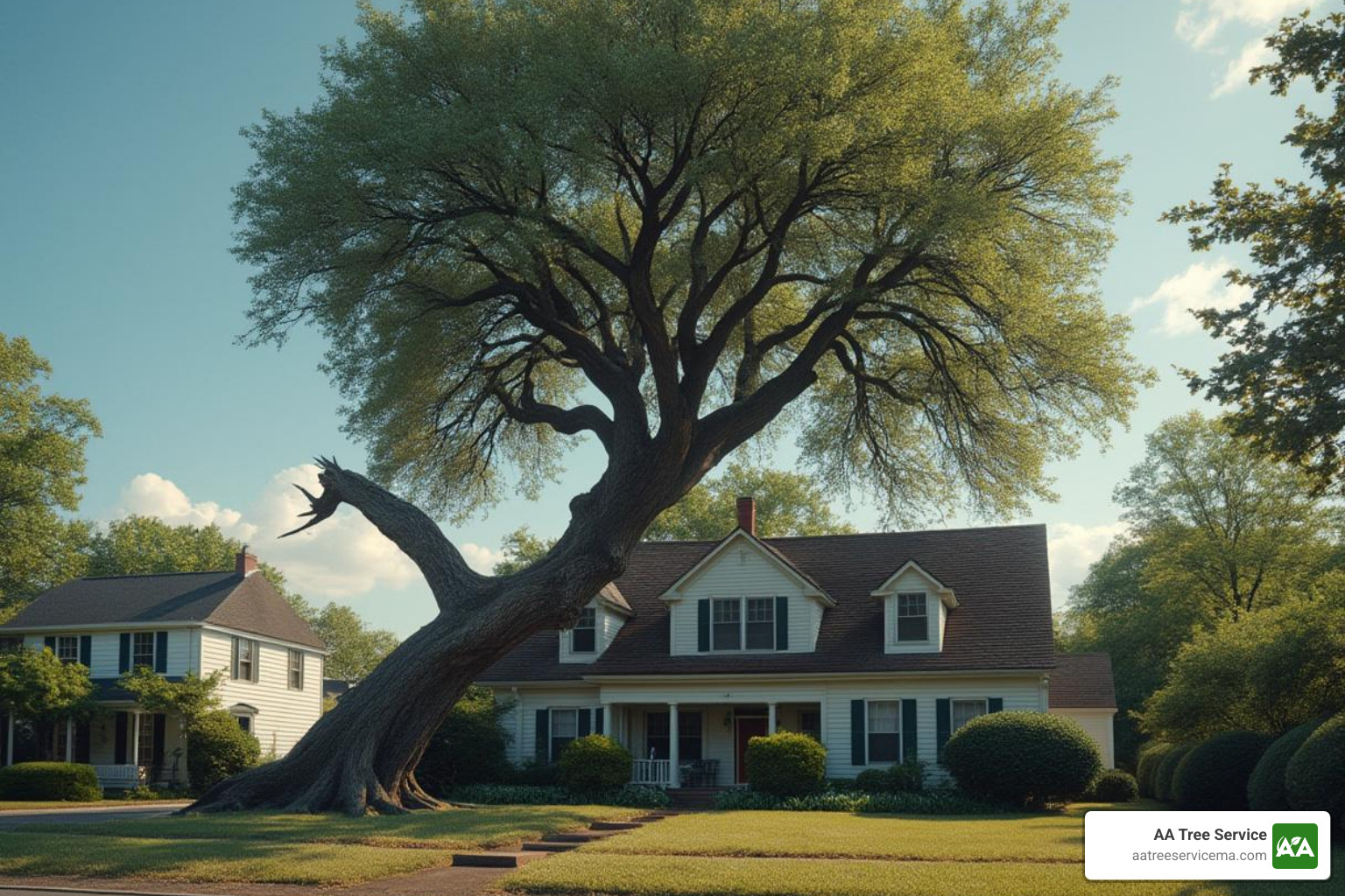 tree with a large, cracked branch hanging over a house - tree services andover tree with a large, cracked branch hanging over a house - tree services andover