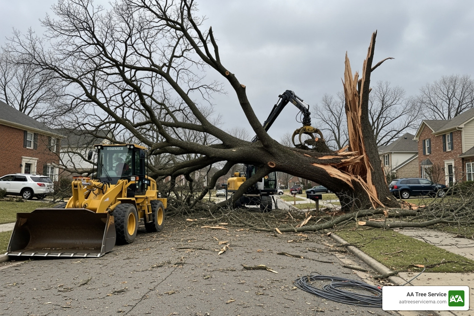 tree service crew cleaning up a large fallen tree after a storm - tree services andover tree service crew cleaning up a large fallen tree after a storm - tree services andover