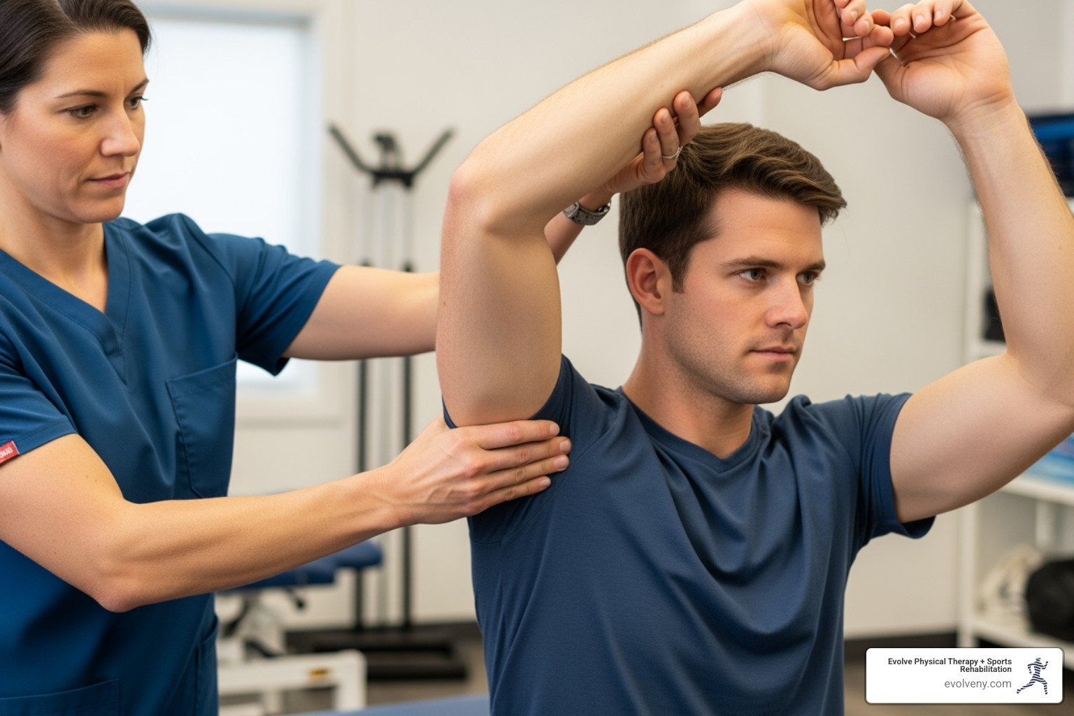 Physical therapist applying posterior glide MWM to shoulder - how does mobilization with movement improve shoulder flexion
