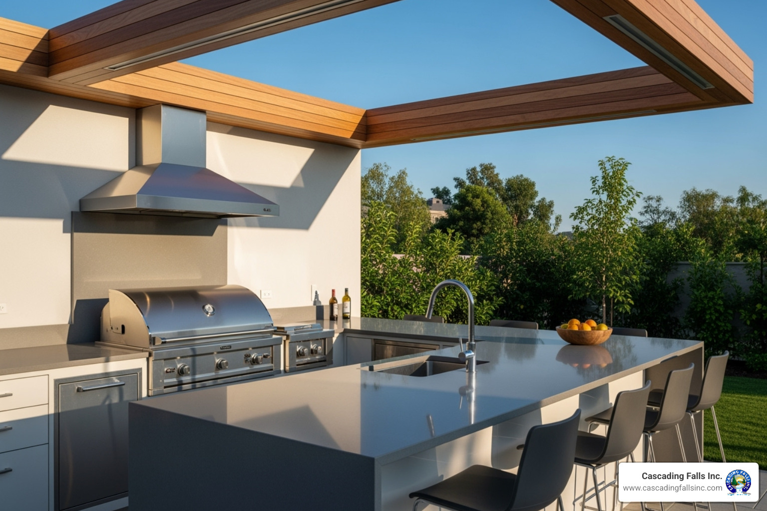 A modern outdoor kitchen featuring a built-in grill, sink, and ample counter space, with stylish bar seating and an overhead pergola for shade. - backyard entertainment area