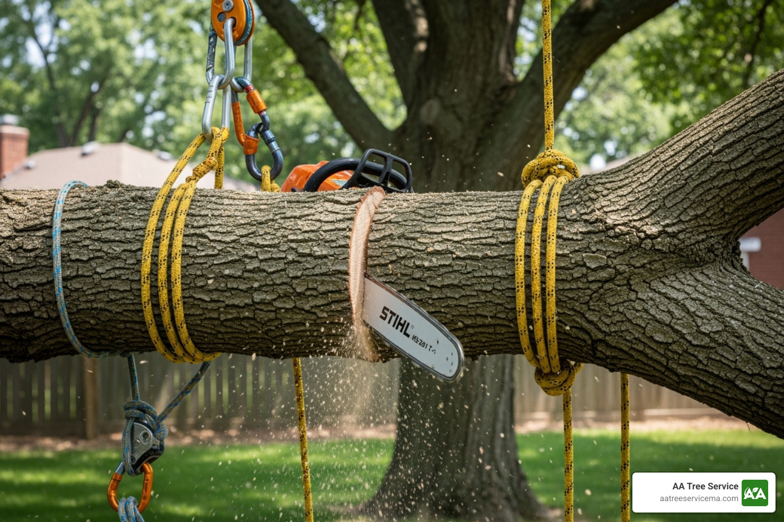 professional arborist safely trimming a large branch from a tree - tree services andover professional arborist safely trimming a large branch from a tree - tree services andover