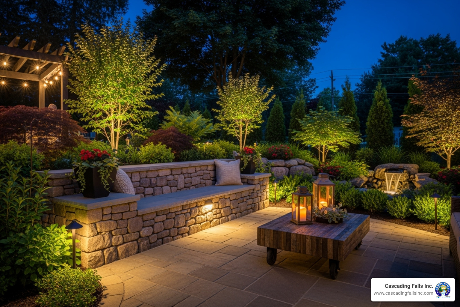 A beautiful stone patio with a built-in seating wall surrounded by lush greenery, illuminated by subtle landscape lighting. - backyard entertainment area