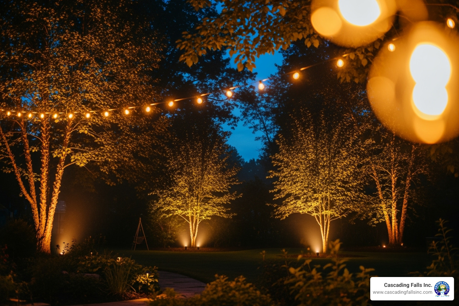 A lush backyard at dusk, illuminated by a combination of warm string lights draped overhead, subtle path lights along walkways, and dramatic uplighting on trees, creating a magical ambiance. - backyard entertainment area