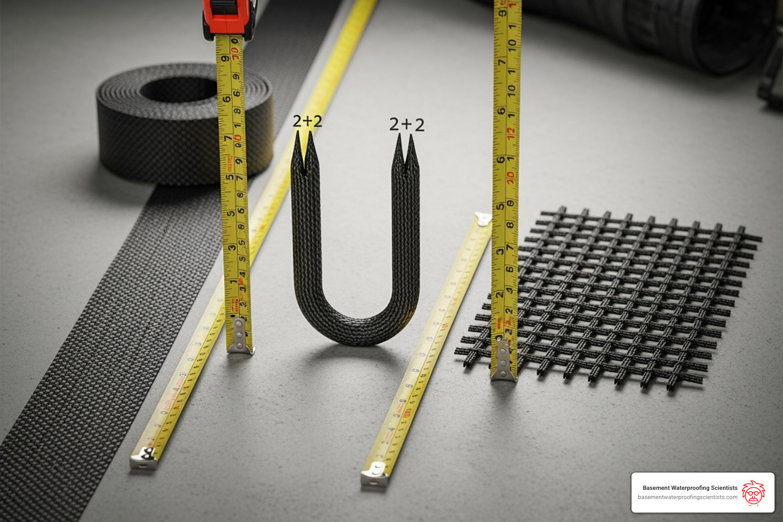 Different types of carbon fiber materials: a strap, a staple, and a grid stitch - carbon fiber foundation repair