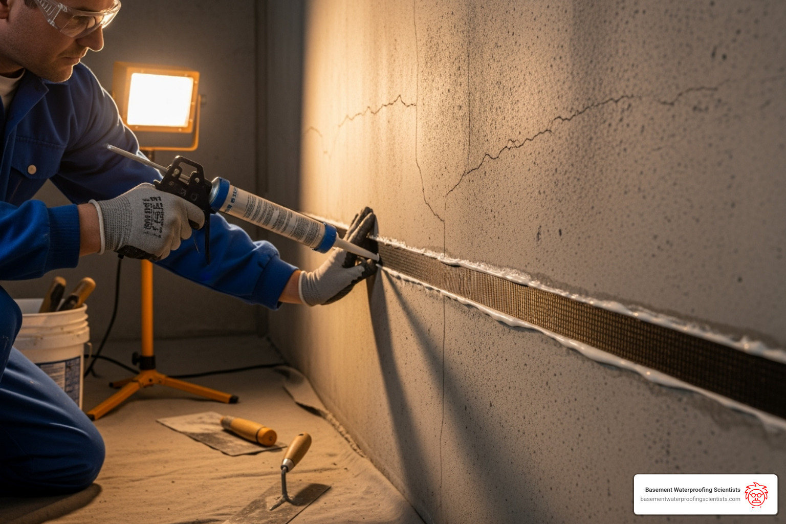 Technician applying epoxy and a carbon fiber strap to a basement wall - carbon fiber foundation repair