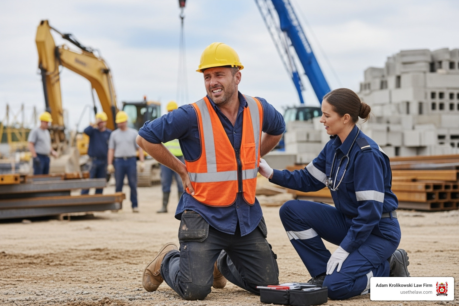 Image of a worker receiving medical attention for a back injury - Construction site injury