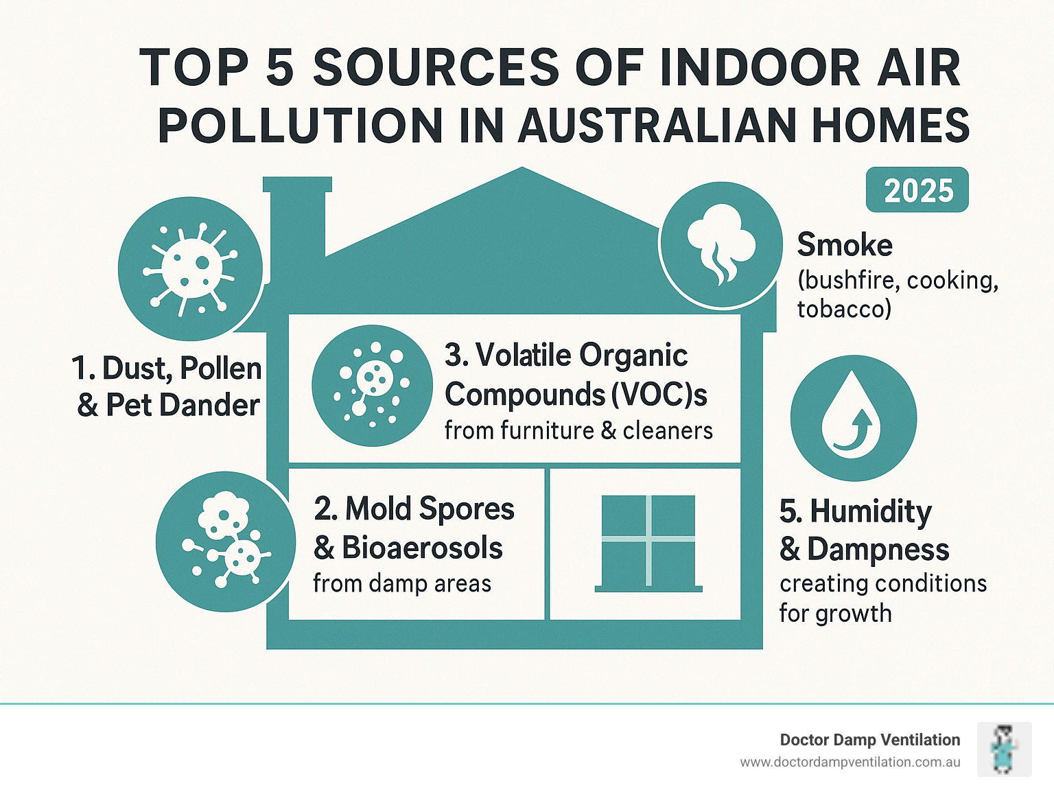 Infographic showing the top 5 sources of indoor air pollution in Australian homes: 1. Dust, Pollen, & Pet Dander 2. Mold Spores & Bioaerosols from damp areas 3. Volatile Organic Compounds (VOCs) from furniture & cleaners 4. Smoke (bushfire, cooking, tobacco) 5. Humidity & Dampness creating conditions for growth - home air purification infographic 