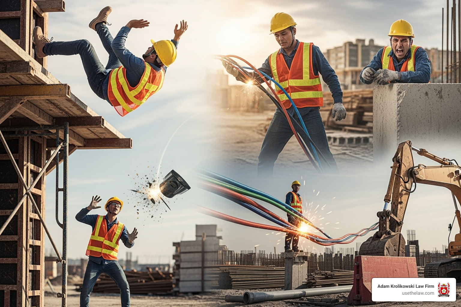 Image illustrating the four main hazards (fall, struck-by, electrocution, caught-in) - Construction site injury