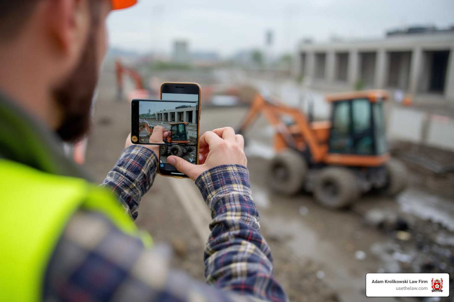 Image of a worker taking a photo of an accident scene with their phone - Construction site injury