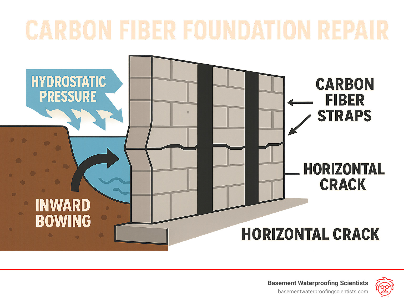 Infographic showing how hydrostatic pressure from expanding soil pushes against basement walls, causing horizontal cracks and inward bowing, with carbon fiber straps providing reinforcement by distributing pressure evenly across the wall surface - carbon fiber foundation repair infographic 