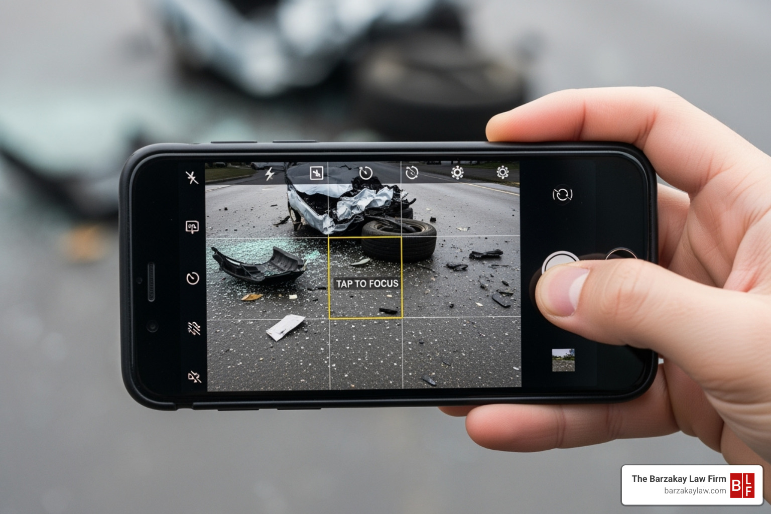 Smartphone showing a camera app ready to take photos at an accident scene - motorcycle accident legal representation