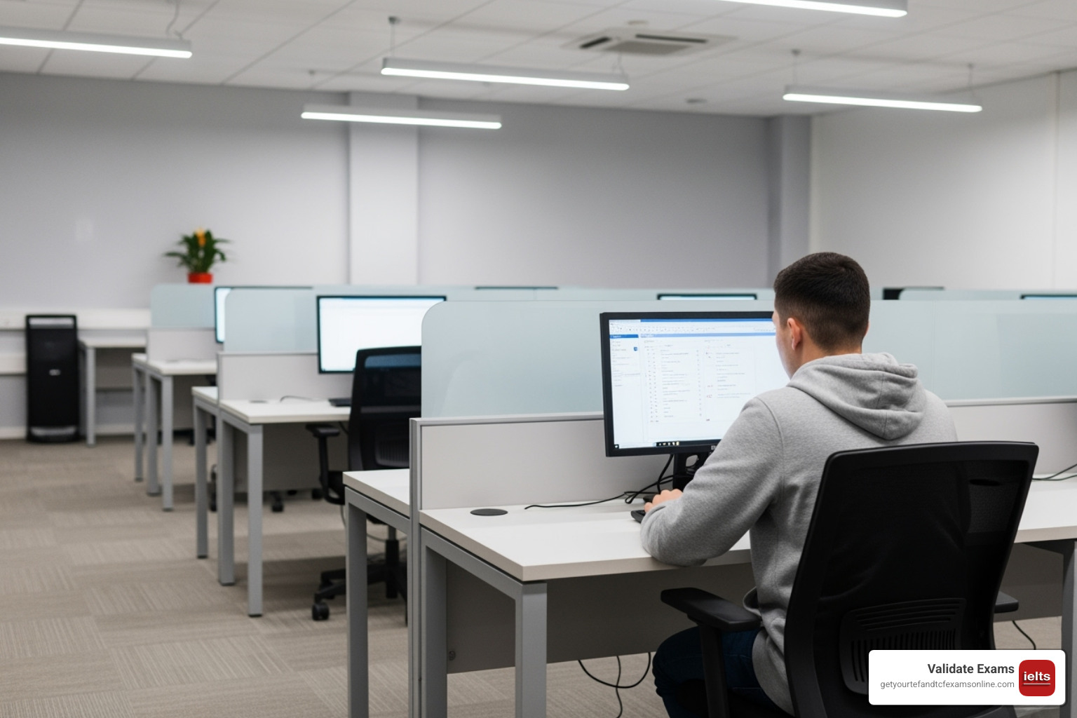Student at a computer in a test center environment - PTE for immigration