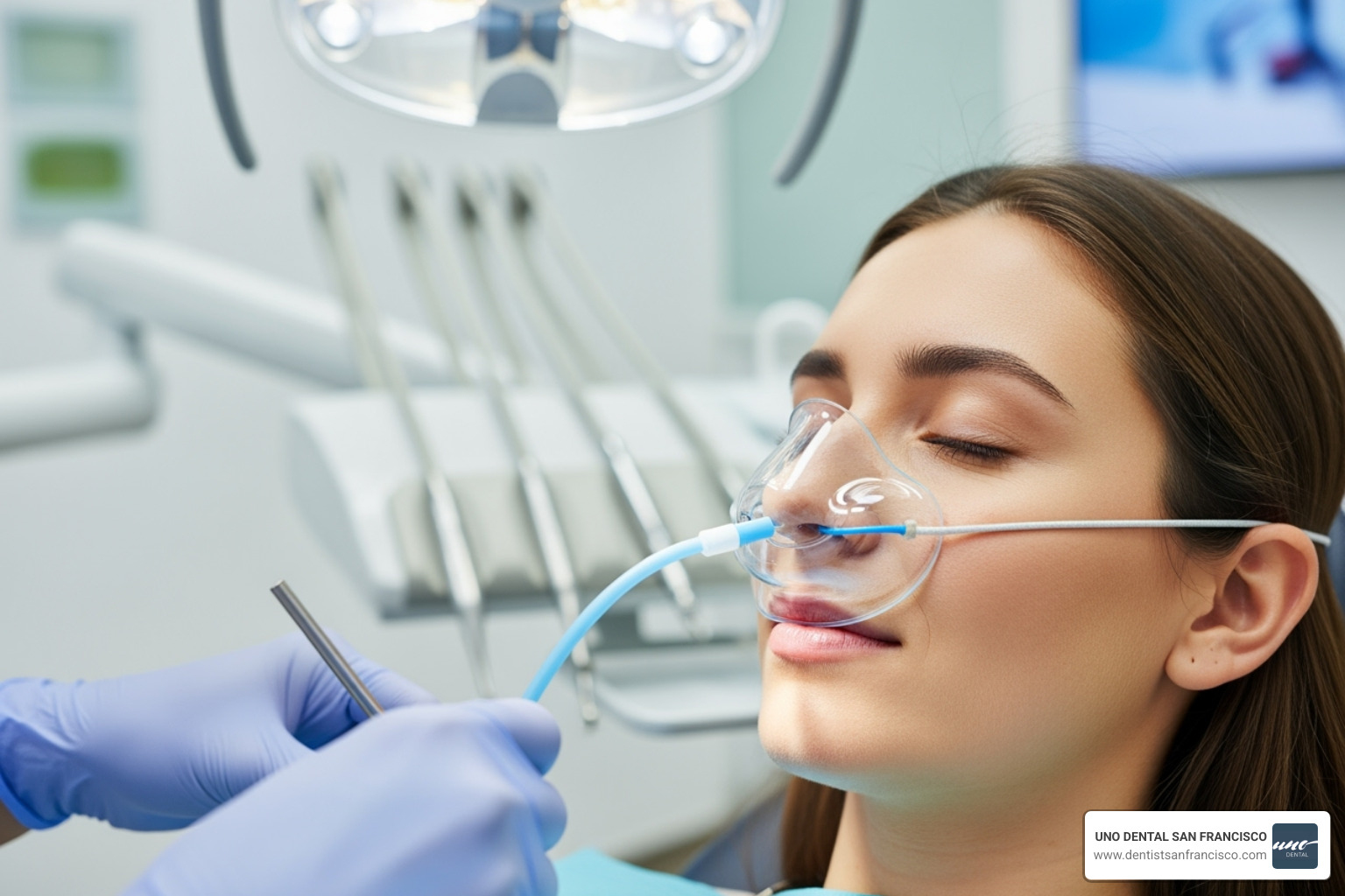 a patient comfortably wearing a nitrous oxide nose mask - sedation dental