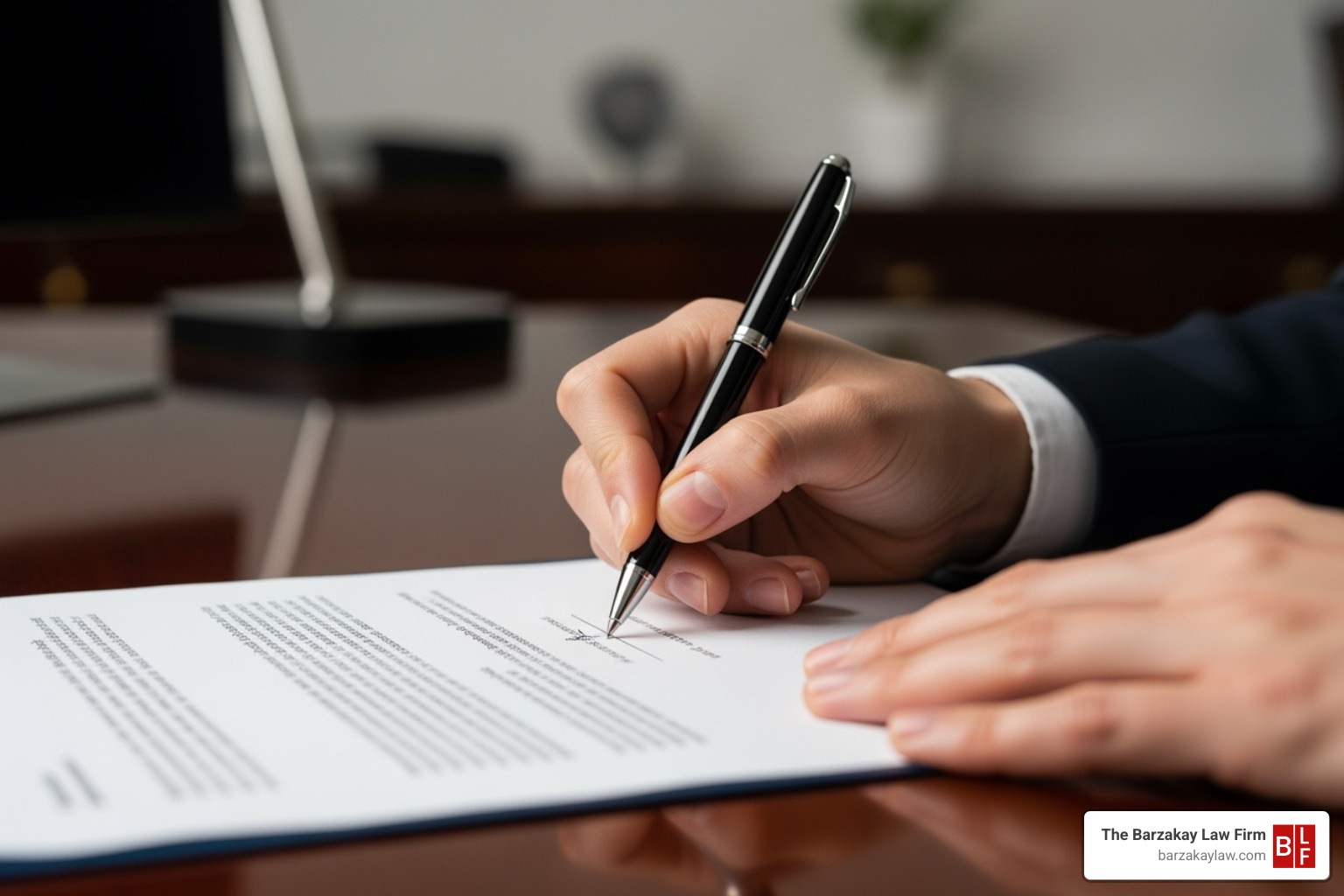 A person signing a legal document in an office setting - motorcycle accident legal representation