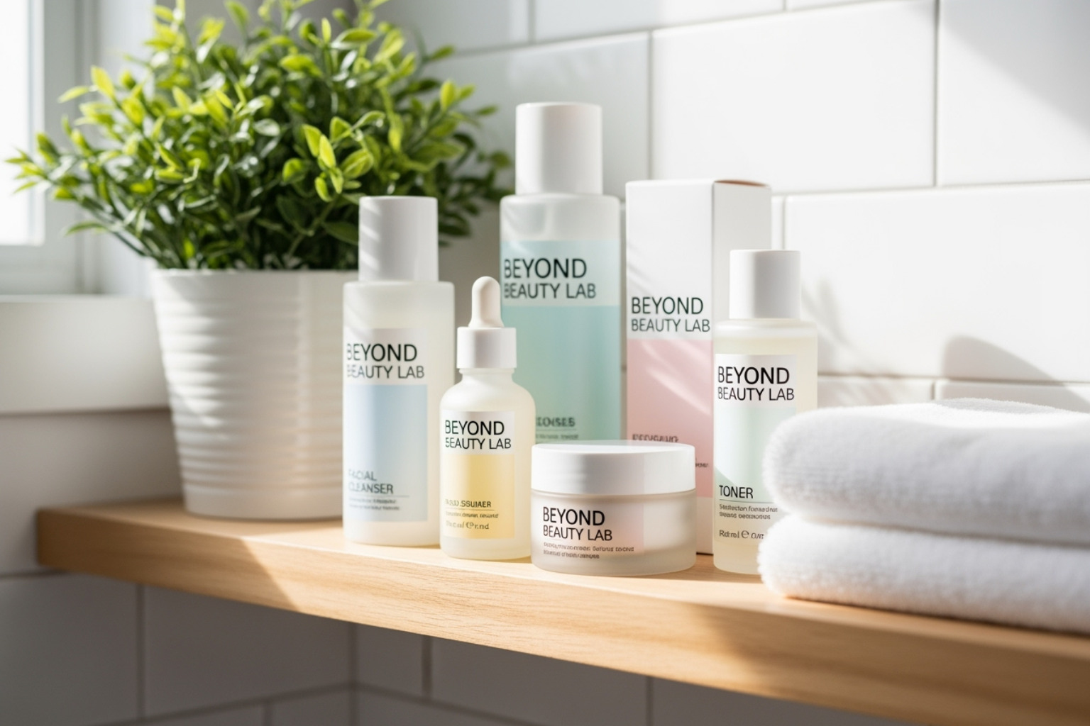 Beyond Beauty Lab clean beauty products organized on a bathroom shelf. - organic face moisturizer
