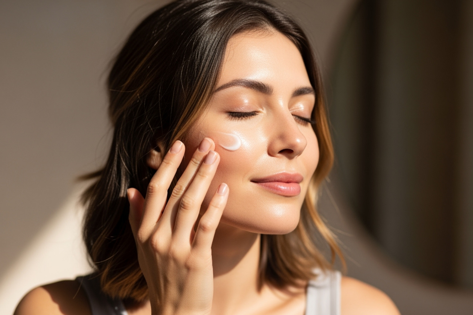 A woman with calm, glowing skin applying moisturizer. - organic face moisturizer