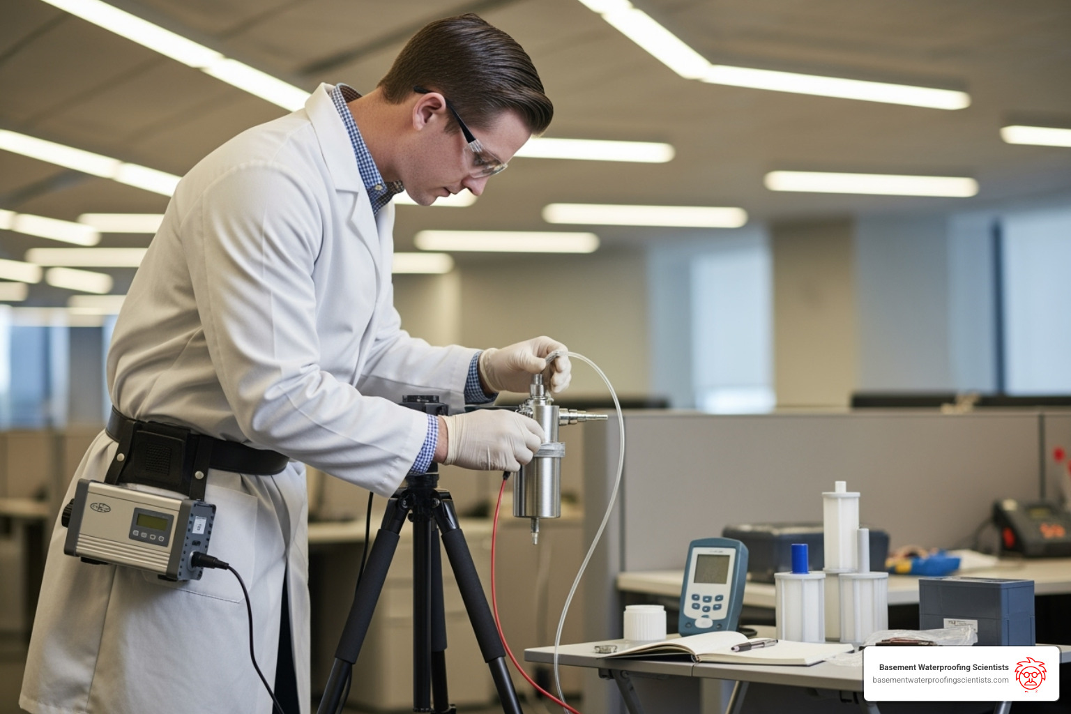 Certified professional setting up air sampling equipment - mold testing after remediation