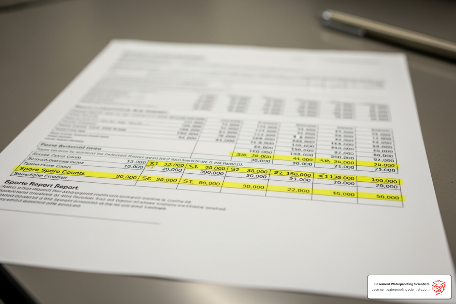 Sample lab report with highlighted sections for spore counts - mold testing after remediation