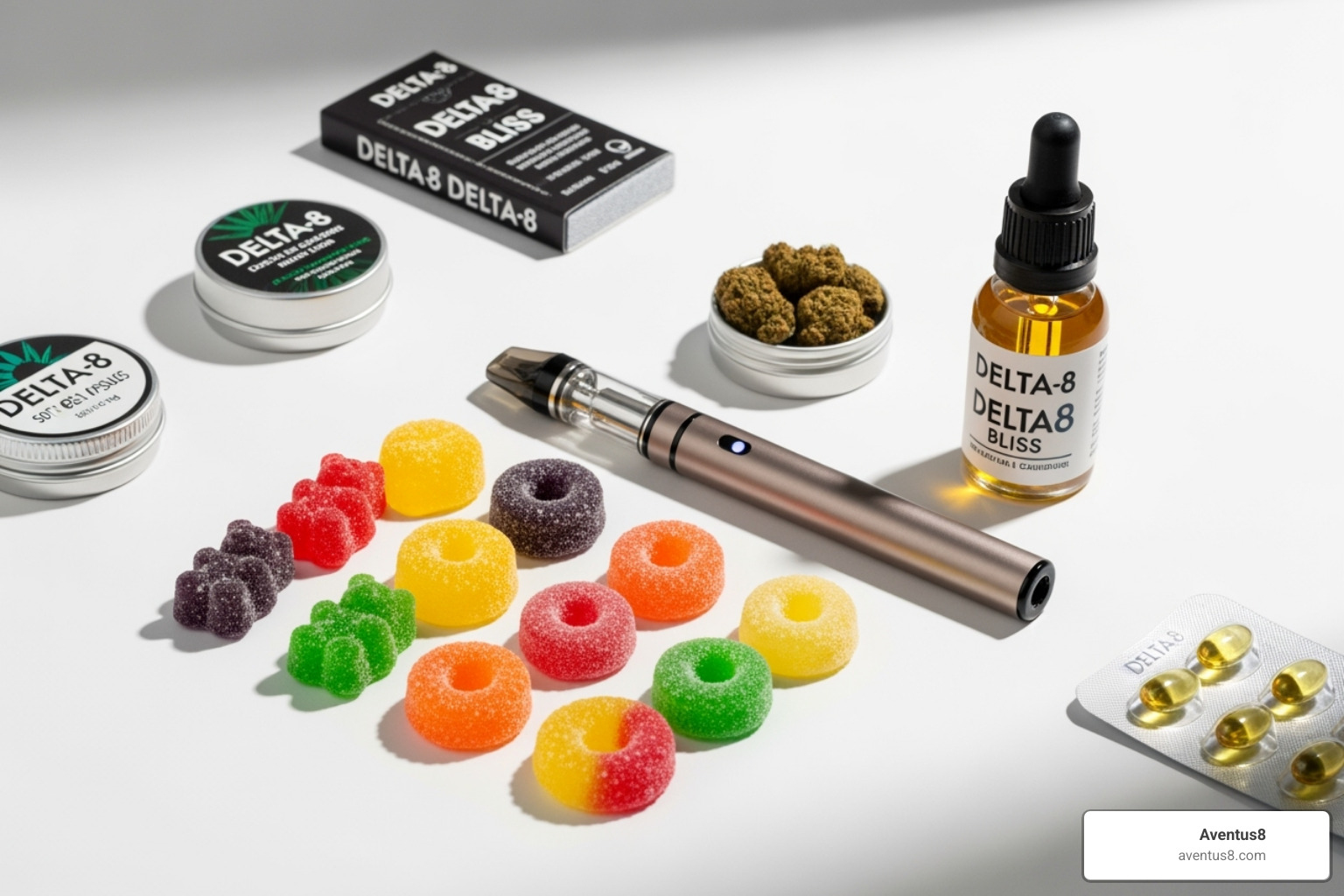 different Delta-8 products like gummies, a vape pen, and a tincture bottle - Delta 8 for beginners