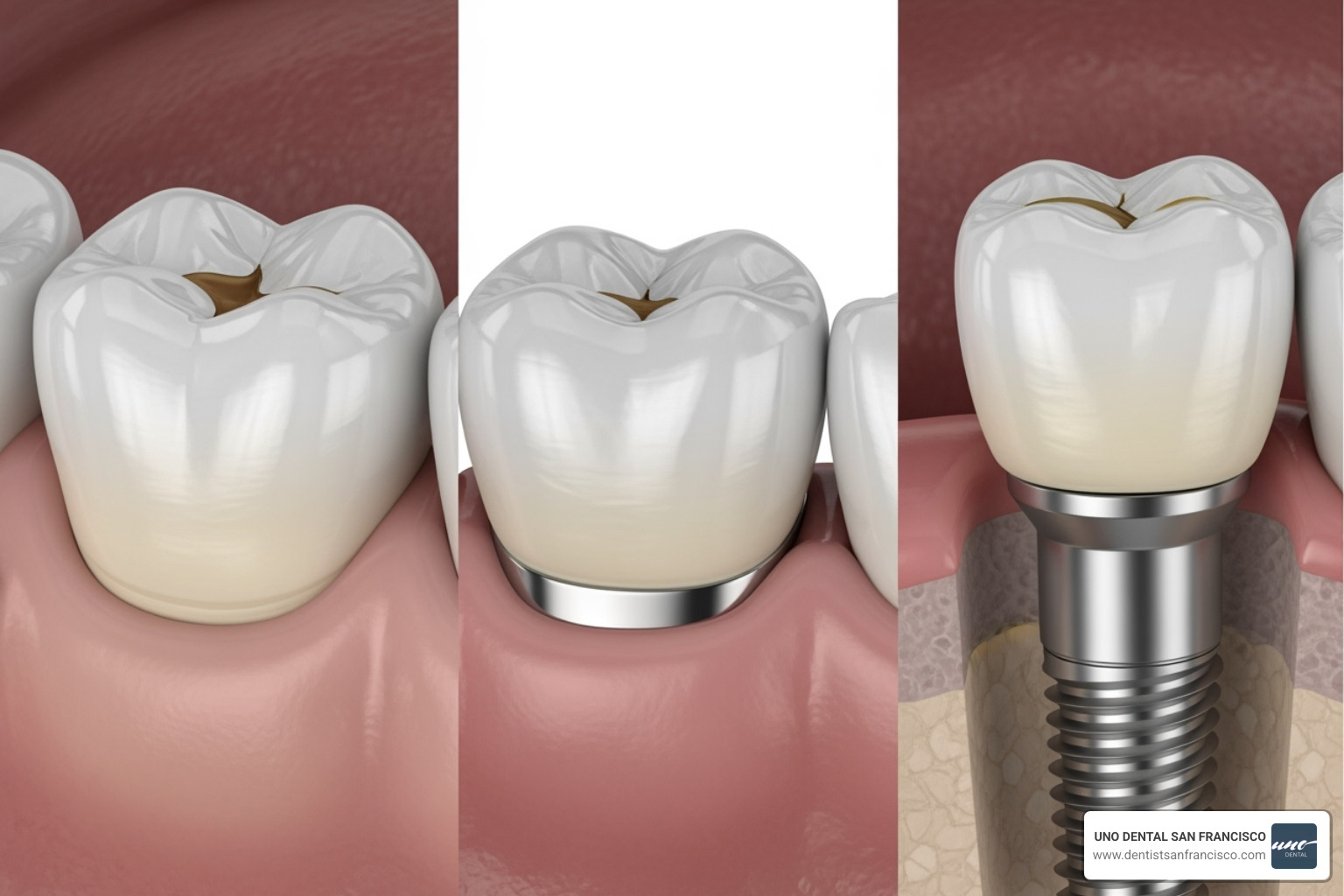 Image of different dental restorations including a filling, crown, and implant - restorative dental