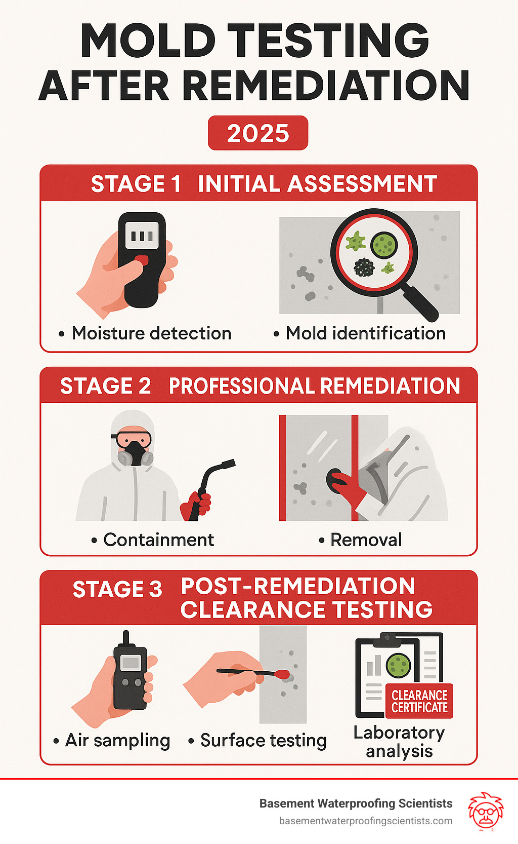 Post-remediation mold testing process infographic showing three stages: Stage 1 - Initial Assessment with moisture detection and mold identification, Stage 2 - Professional Remediation with containment and removal, Stage 3 - Post-Remediation Clearance Testing with air sampling, surface testing, and laboratory analysis leading to clearance certificate - mold testing after remediation infographic 