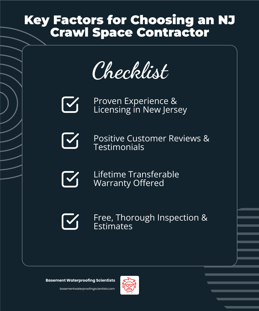 Infographic detailing key factors to consider when choosing a crawl space repair contractor in New Jersey, including experience, certifications, warranties, and customer reviews. - Crawl space repair NJ infographic checklist-dark-blue