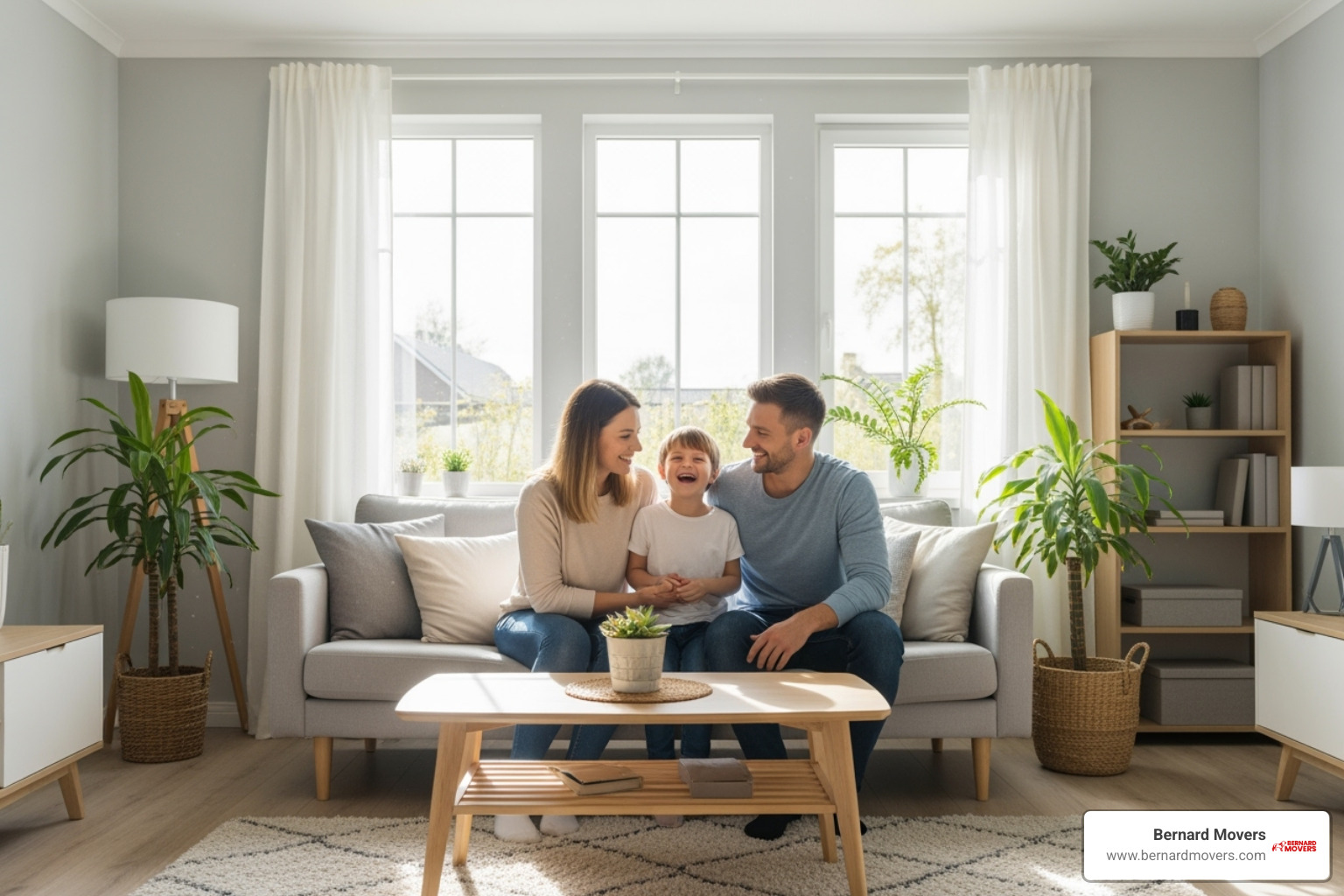 a happy family smiling in their new, organized home in a Chicago suburb - Packing services Chicago