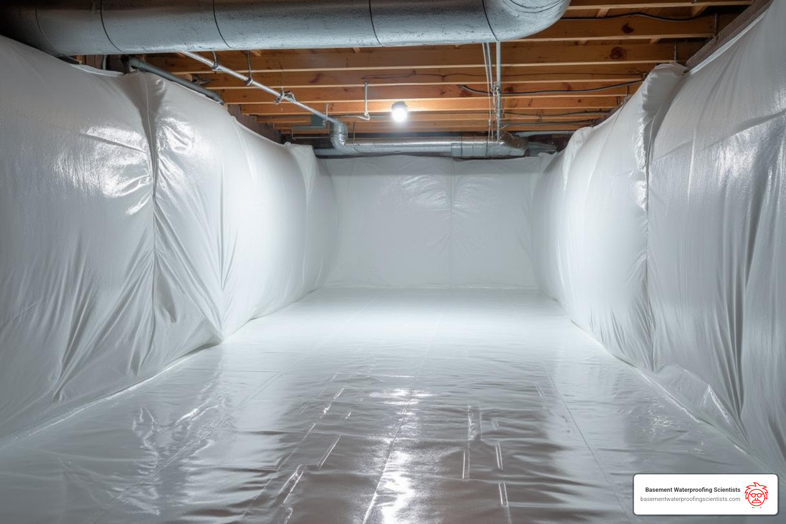 Image of a fully encapsulated crawl space with bright white walls - Crawl space repair NJ