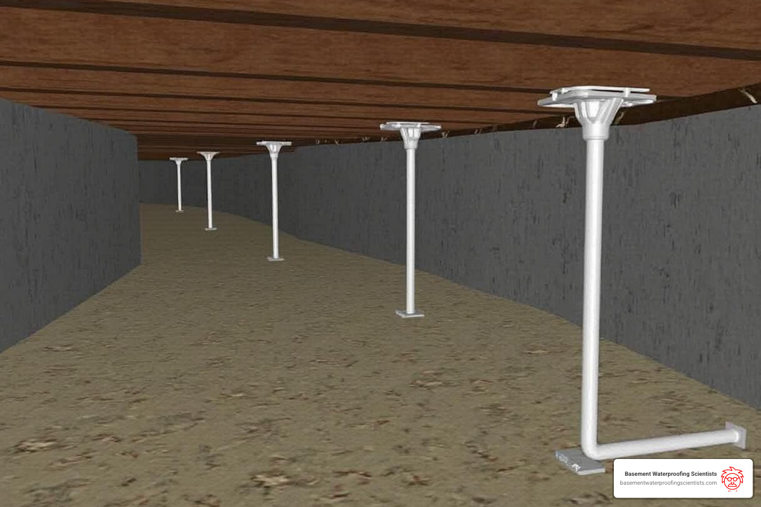 Image of SmartJack-style support posts installed in a crawl space - Crawl space repair NJ