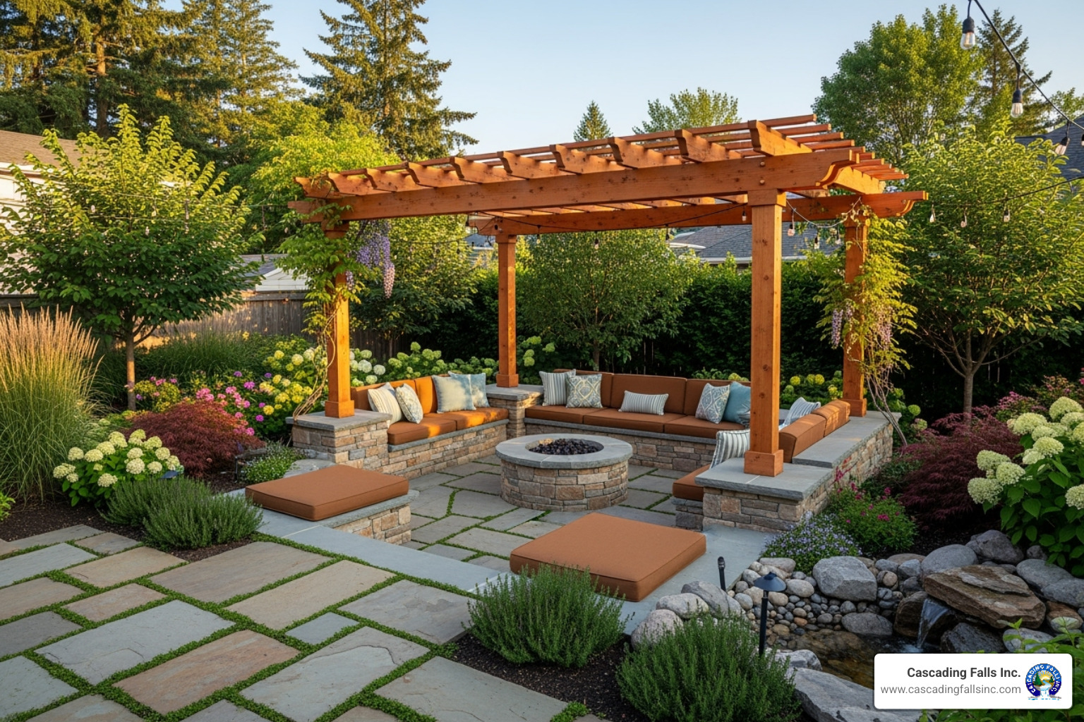 beautiful, multi-functional backyard featuring a custom patio, pergola, and integrated seating - backyard builders