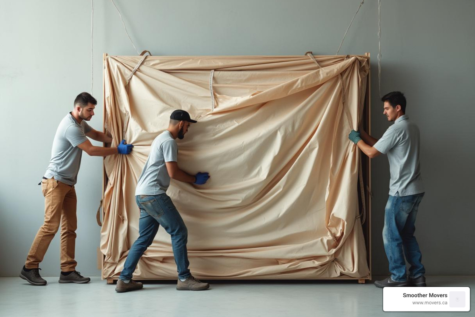Smoother Movers team carefully wrapping a large piece of art - movers in kelowna