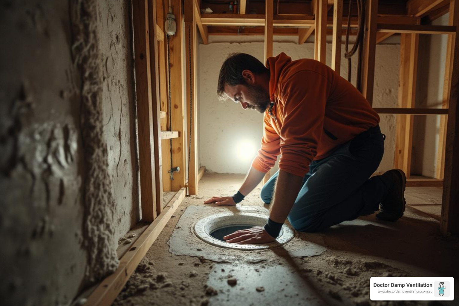 technician inspecting subfloor vents - ventilated floor