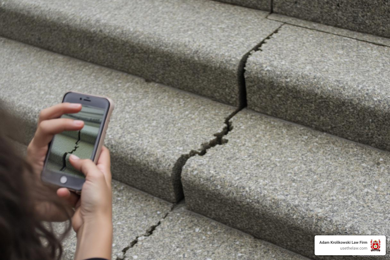 Person taking photo of broken step - premises liability attorneys near me Person taking photo of broken step - premises liability attorneys near me
