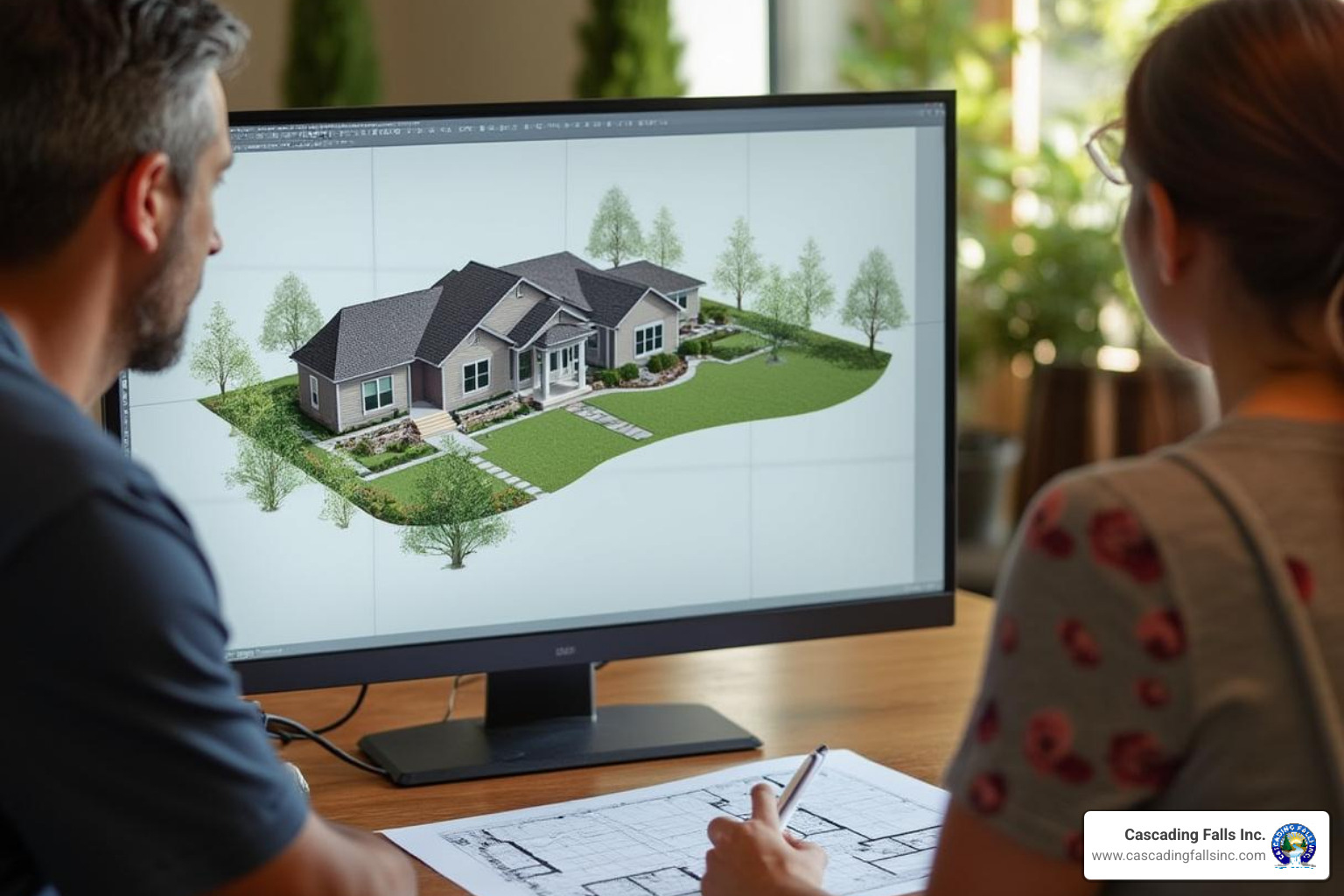 designer and homeowner reviewing 3D-rendered plans for a backyard project - backyard builders