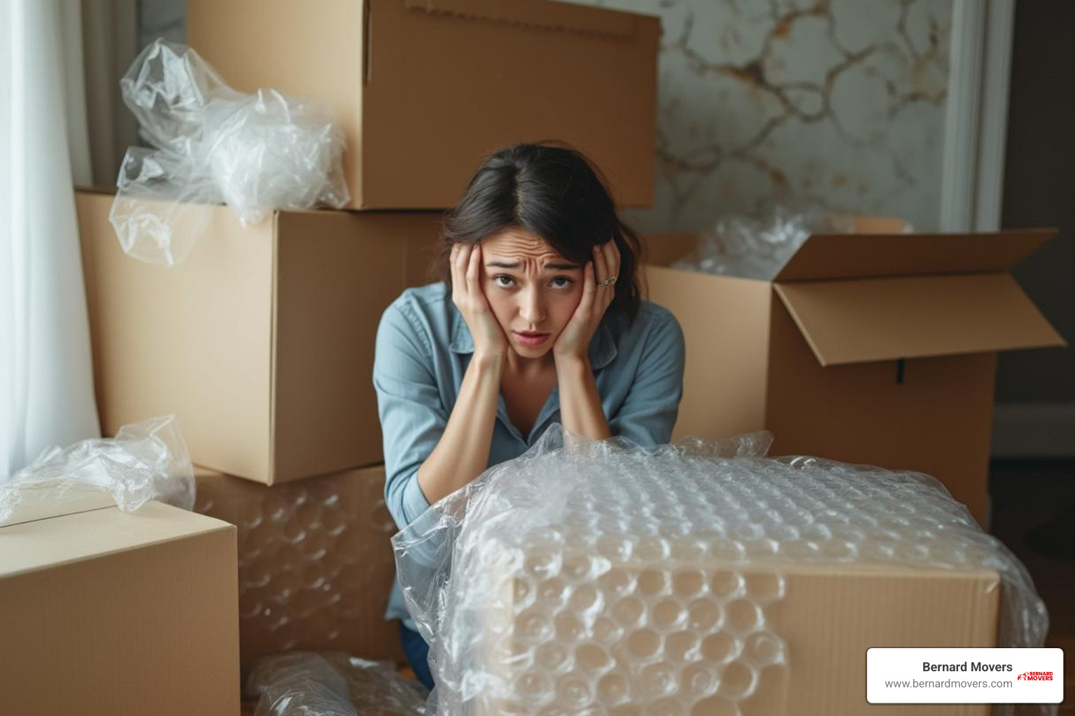a person looking stressed while surrounded by half-packed boxes and bubble wrap - Packing services Chicago