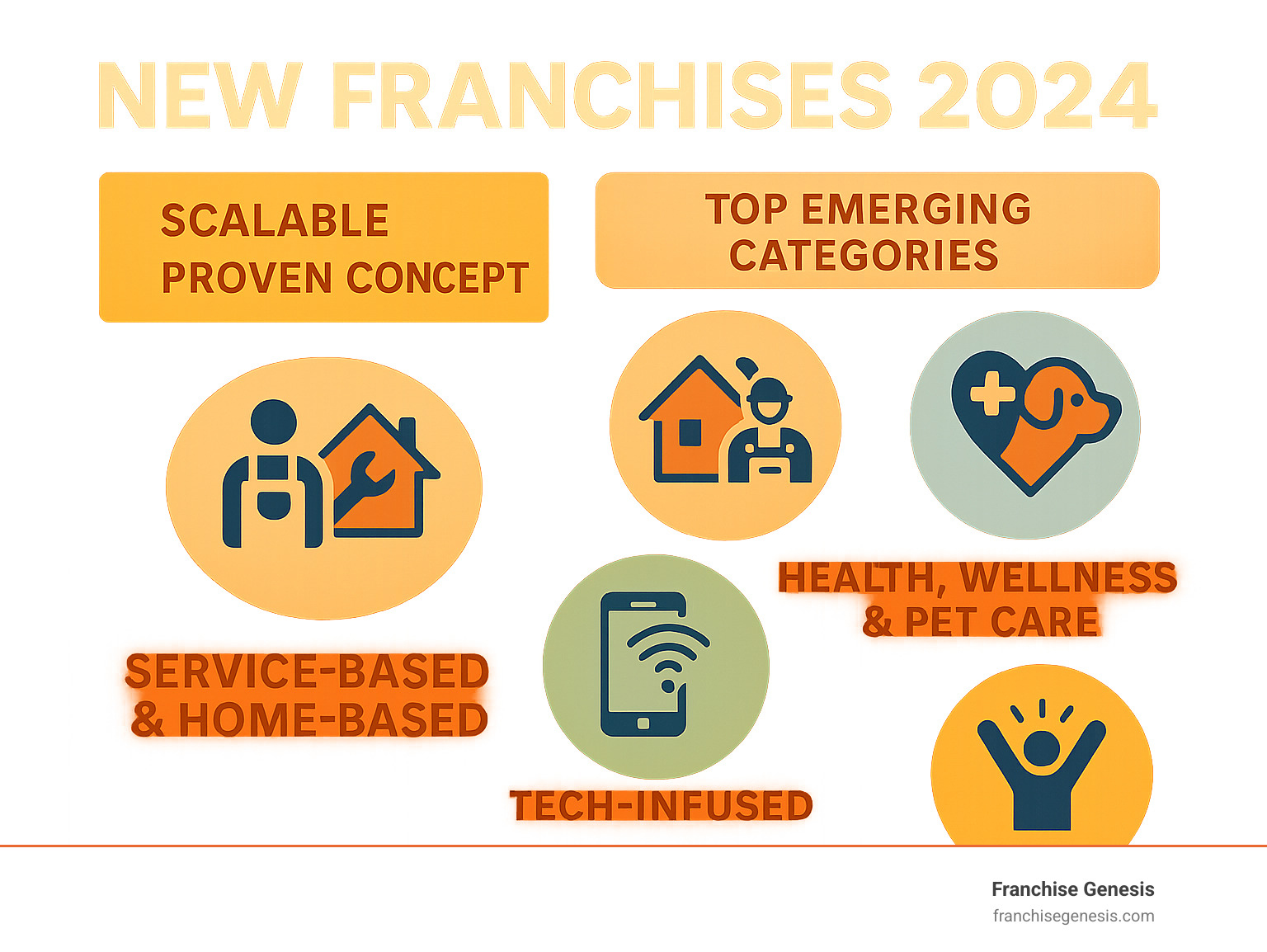 Infographic showing key characteristics and top emerging categories for new franchises in 2024, including service-based, home-based, health, wellness, pet care, tech-infused, and experiential models, and emphasizing scalability and proven concepts. - new franchises 2024 infographic Infographic showing key characteristics and top emerging categories for new franchises in 2024, including service-based, home-based, health, wellness, pet care, tech-infused, and experiential models, and emphasizing scalability and proven concepts. - new franchises 2024 infographic